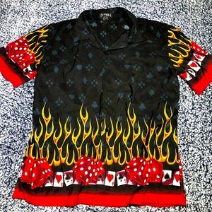 Vintage Y2K Casino Flames Button Down Shirt L Poker Dice Cards